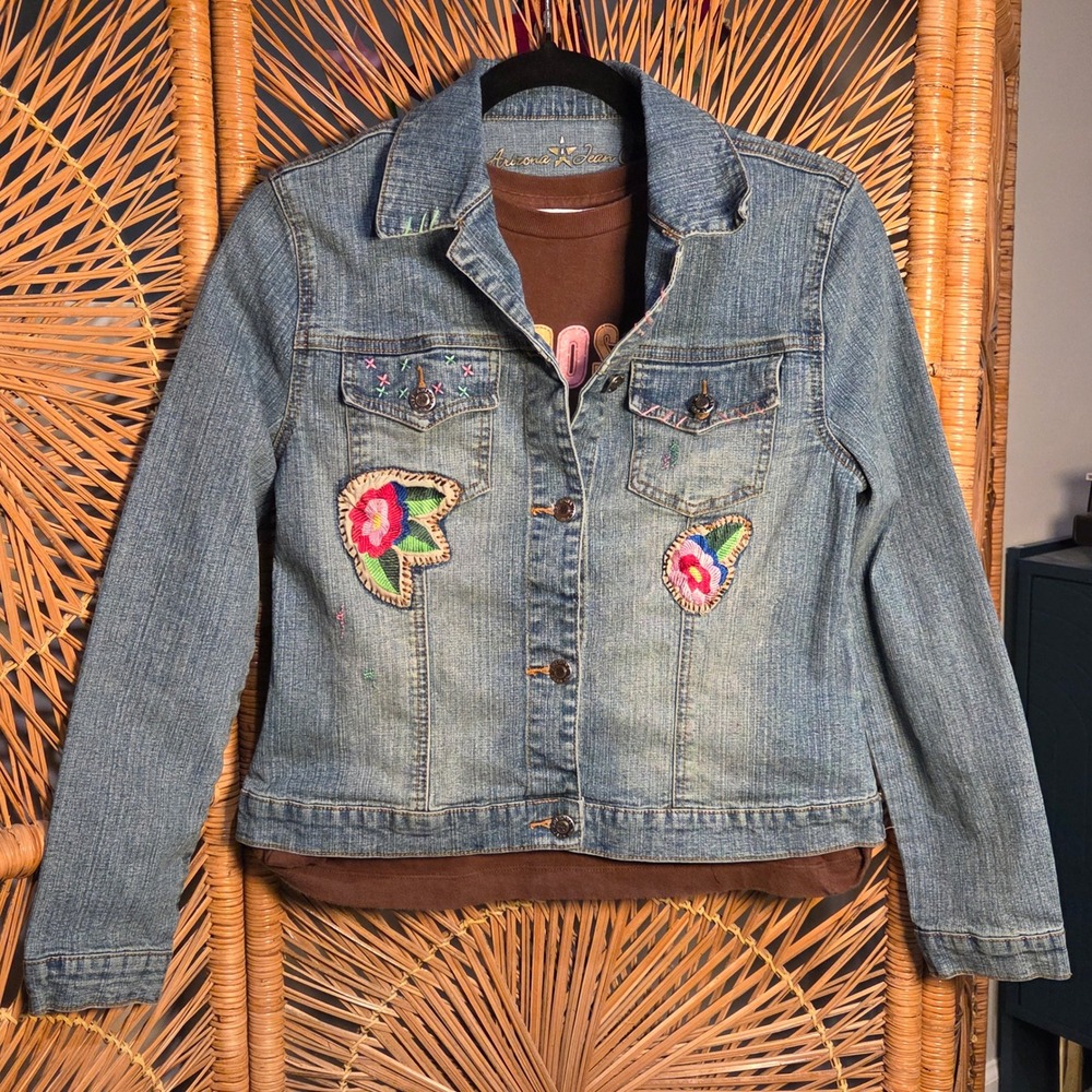 Y2K Vtg Arizona Jean Co Girl XL Denim Jacket Blue Flowers Butterfly Patches Cute